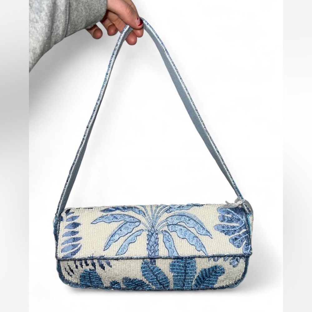 Blue beachy palm tree beaded shoulder Bag made in india